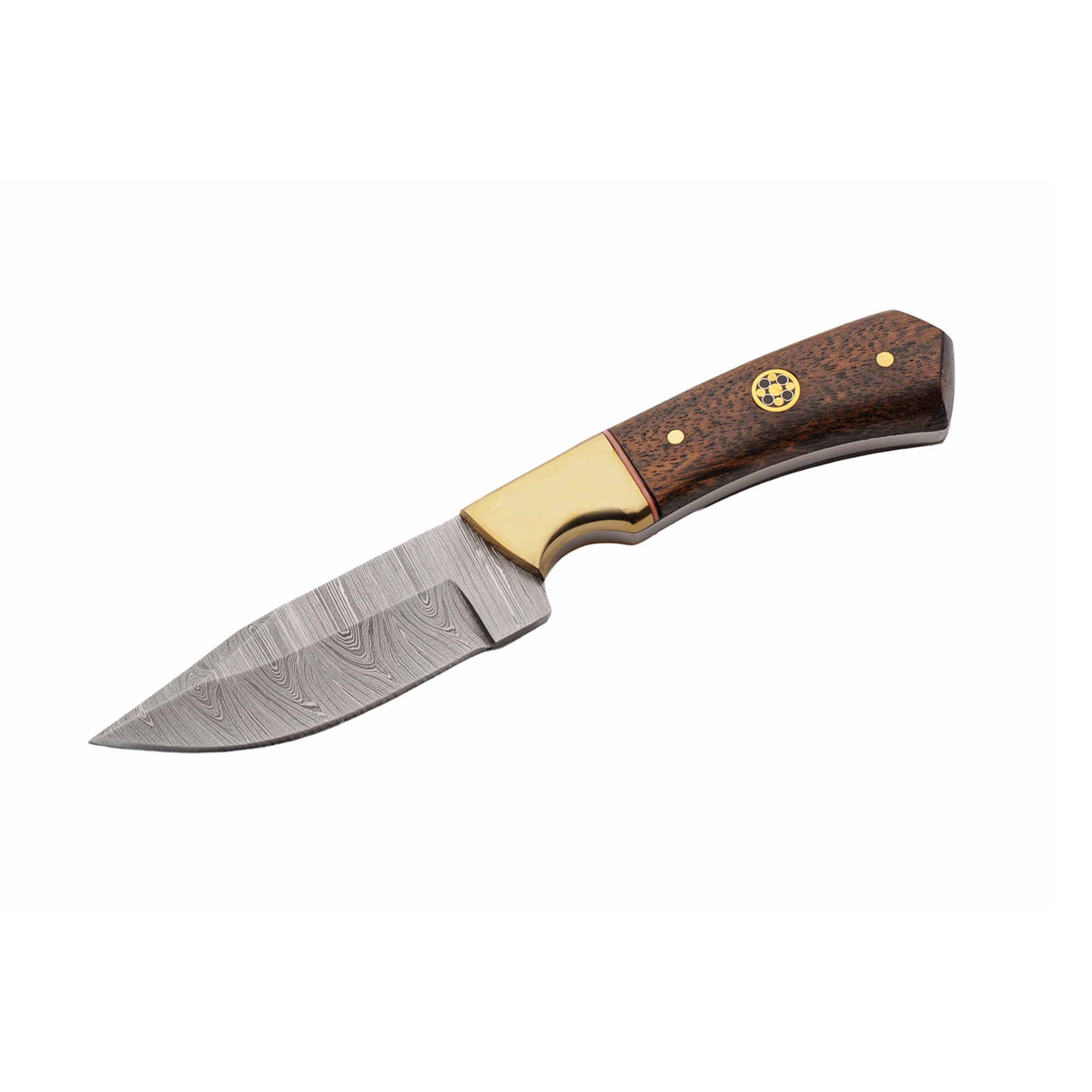 SANZ 6.5 Inch Bronze Baron Skinner Knife Damascus Blade Walnut Handle Full Tang Outdoor Hunting Knife With Leather Sheath Filework Design