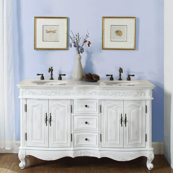 58-inch Double Sink Bathroom Vanity in Crema Marfil Natural Marble Top With Cabinet- Silkroad Exclusive