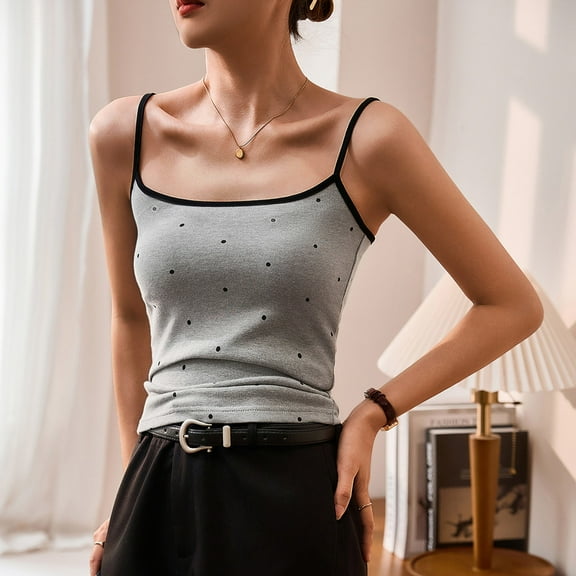 Munlar Gray Summer Tops for Women 2025 Camisole Spaghetti Straps Square Neck Polka Dot Sleeveless Basic Shirts