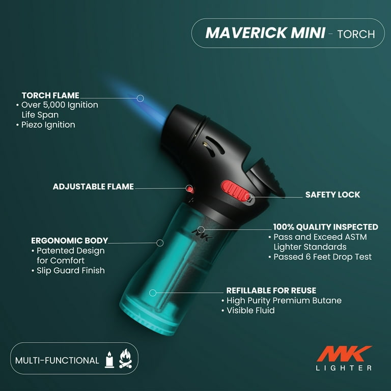 mk maverick mini torch cigarette lighter MK Refillable Mini Butane Torch Lighter with Adjustable Flame, Safety Lock,  1 Pack, Assorted Colors