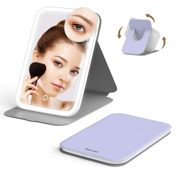 Mocado Espejo de maquillaje de viaje con luces, espejo de maquillaje iluminado con rotación de 360 ??grados, espejo portátil con aumento de 10x, 60 LED, 3 iluminaciones de colores, pantalla táctil reg
