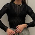 thumbnail image 3 of Camisa de punto hueca con cuello redondo para mujer, blusa ajustada de Color puro con cuello redondo y manga larga, blusa de Color liso, Top negro M, 3 of 7