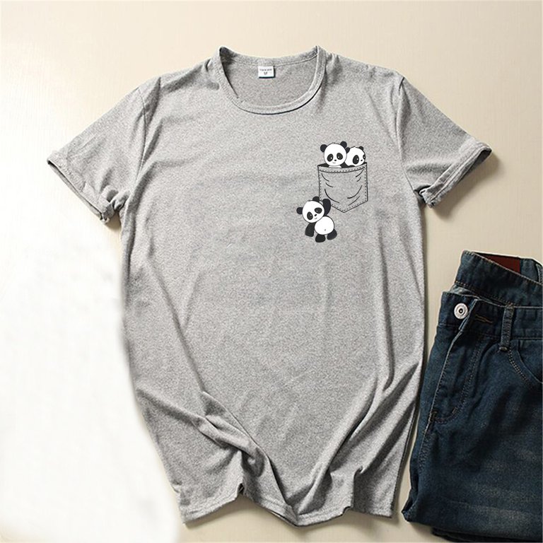 Summer Shirts for Women Panda Printed Short-Sleeved Crewneck Tee