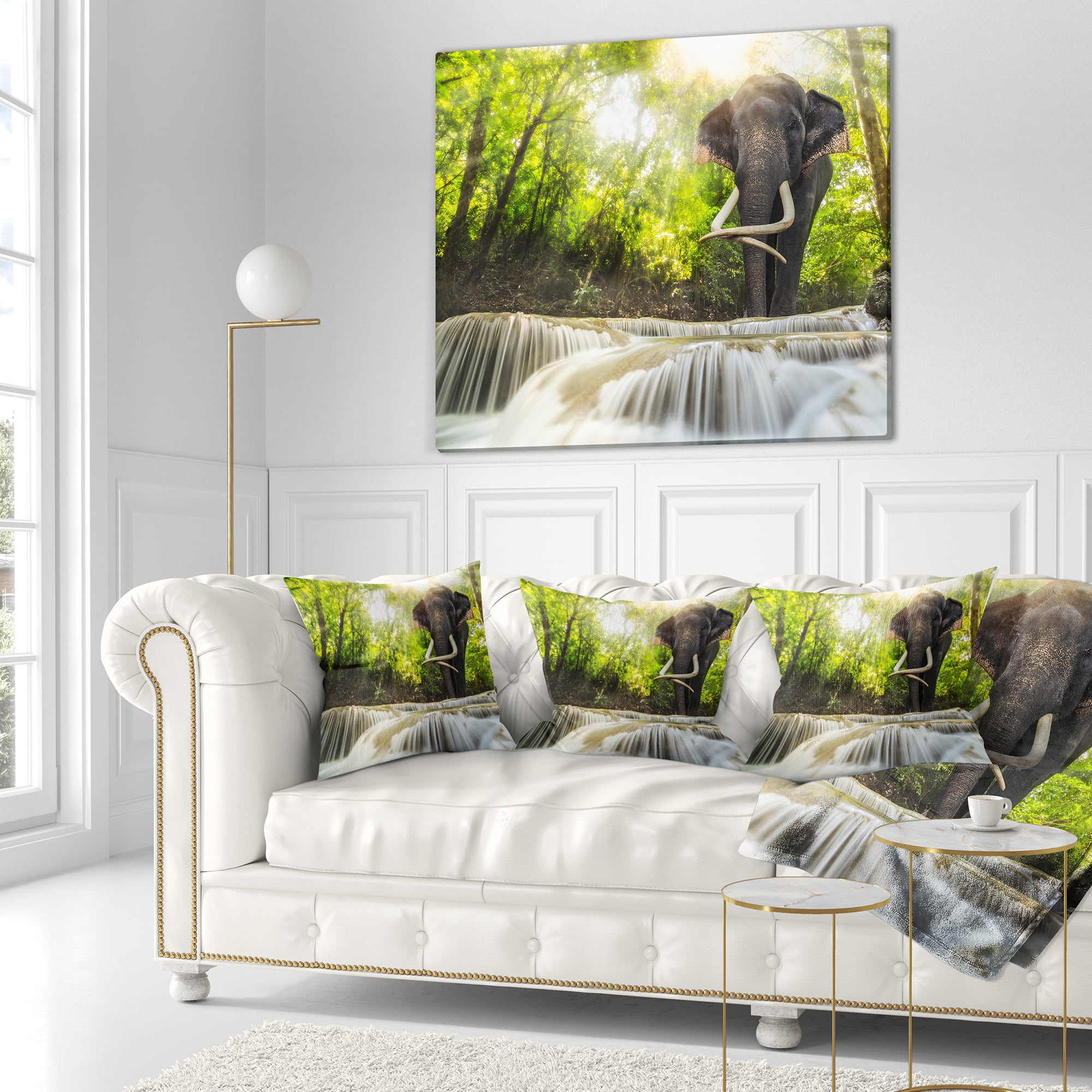 Designart Erawan Waterfall with Elephant - Photography Throw Pillow - 16x16