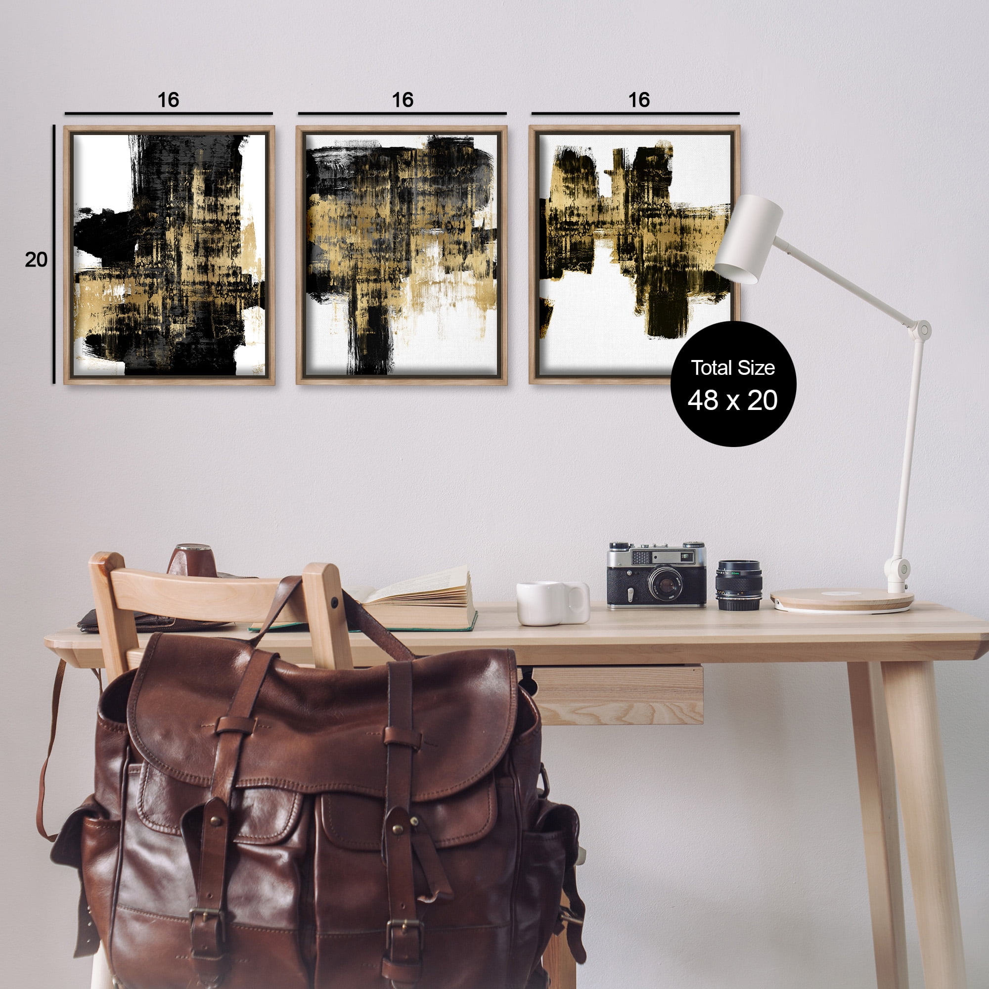 Stupell Industries Bold Black Brushstrokes with Gold Abstract Painting Brown Floater Framed Canvas Art Print Wall Art, 17 x 21, Set of 3