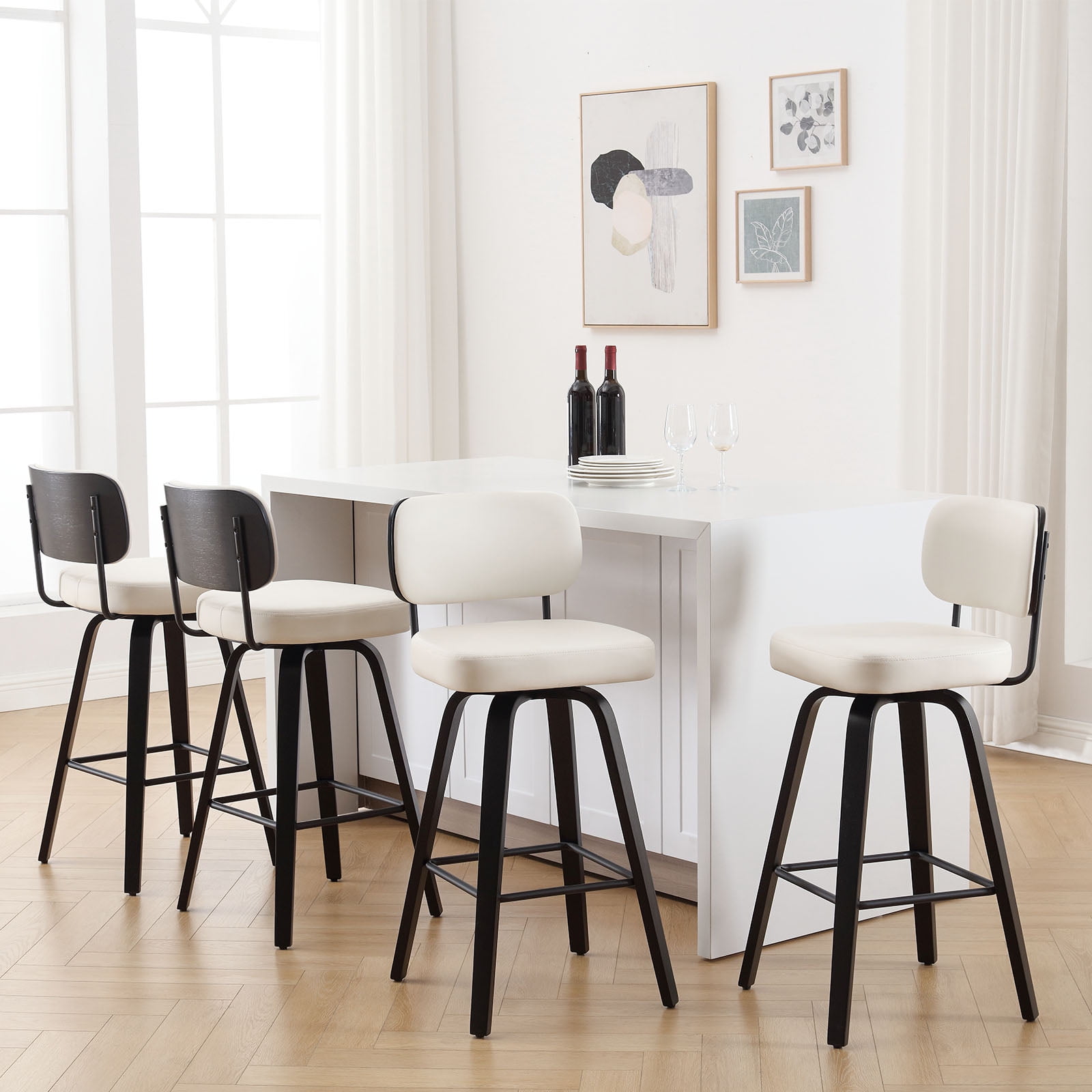 ANMINY Swivel Counter Height Bar Stools, Set of 1, Upholstered Faux Leather Barstools with PU Back, 29" Seat Height Bar Chairs for Kitchen Island, Bentwood Wood Frame