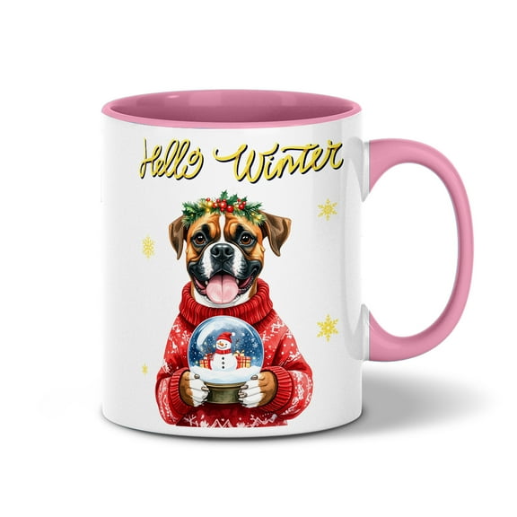 Hello Welcome Winter Boxer Holding Snow Globe Snowman 11oz Accent Two-tone Mug Boxers Dog Lover Gifts Idea Coffee Tea Cup - 13015