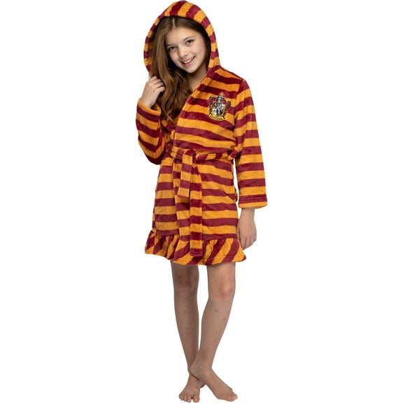 Harry Potter Girls' Hogwarts Houses Hooded Robe Striped Fleece Bathrobe - Gryffindor Slytherin Hufflepuff Ravenclaw