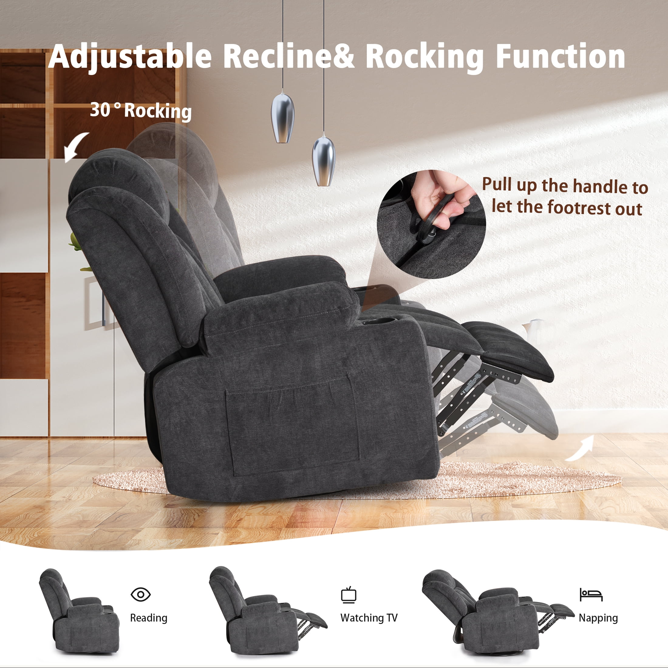 Sfxingyou Adult Fabric Solid Print Recliner Chair with Massage and Heat, Black Fabric