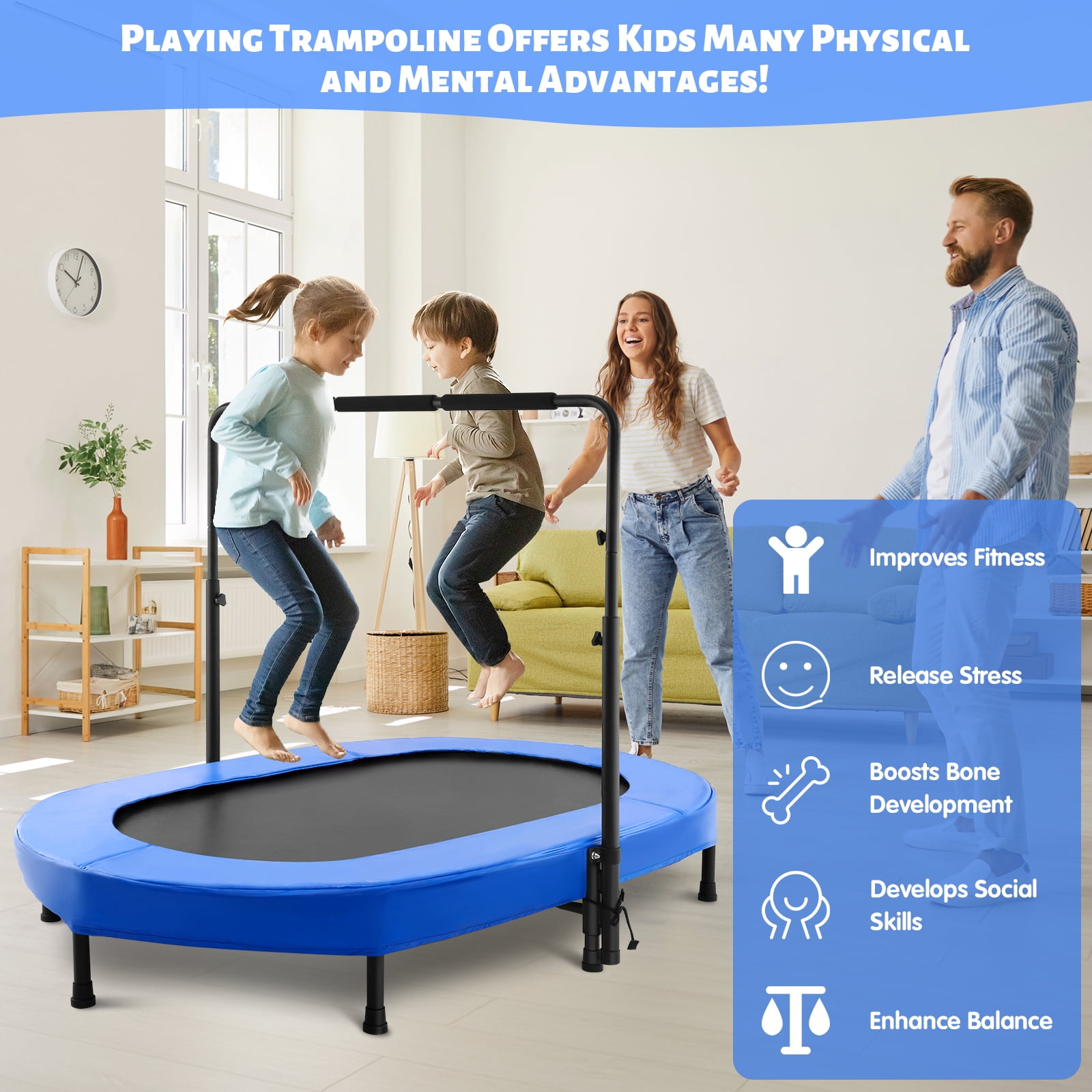 Foldable Trampoline, Mini Rebounder Trampoline with Adjustable Handle, Exercise Trampoline, Parent-Child Kids Twins Trampoline Max Load 220lbs