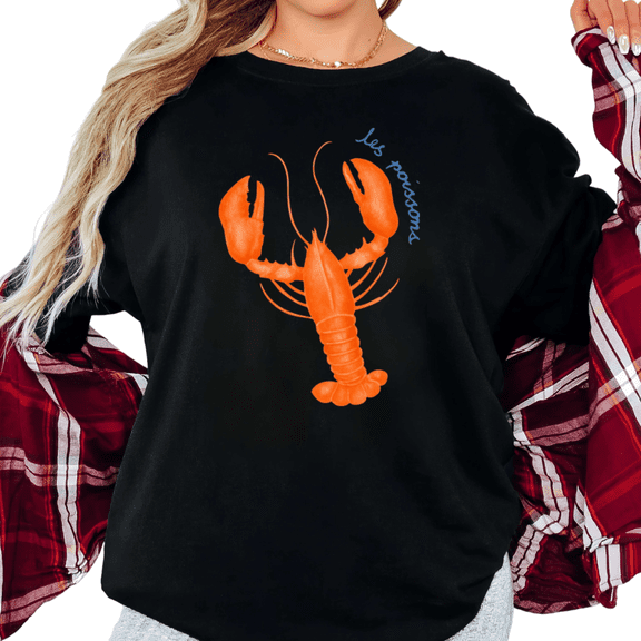 Women's Orange Lobster "Les Poissons" Graphic T Shirt Seafood Coastal Print Breathable Short Sleeve Round Neck Top Black S-5XL