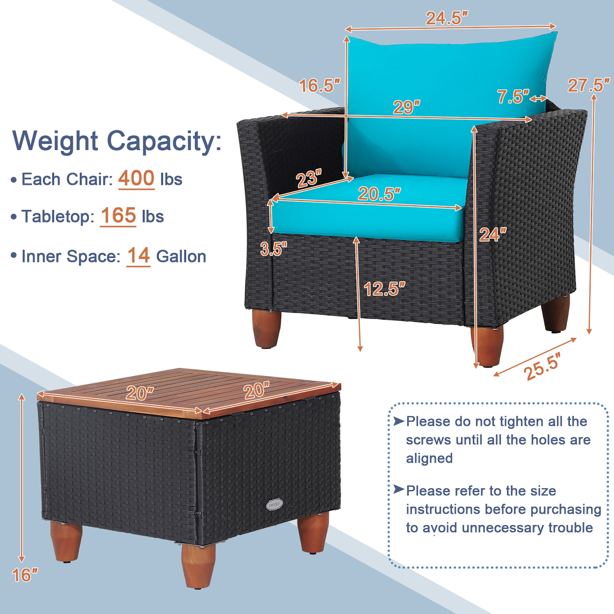 Gymax 3PCS Patio Rattan Conversation Set Outdoor Furniture Set w/ Turquoise Cushions