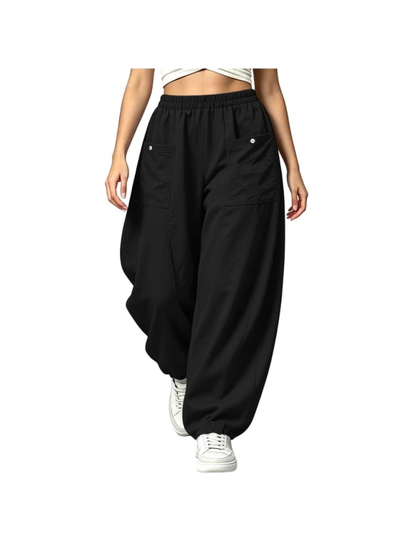 Cargo Pants for Women Elastic High Waist Loose Baggy Trousers with Large Patch Pockets