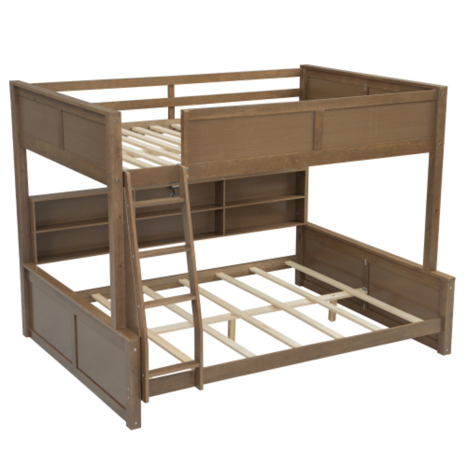 Queen over Queen Bunk Bed with Storage Cabinets & USB Ports, Solid Wood Frame, Space Saving Double Bunk Bed for Bedroom, Antique Wood, Natural