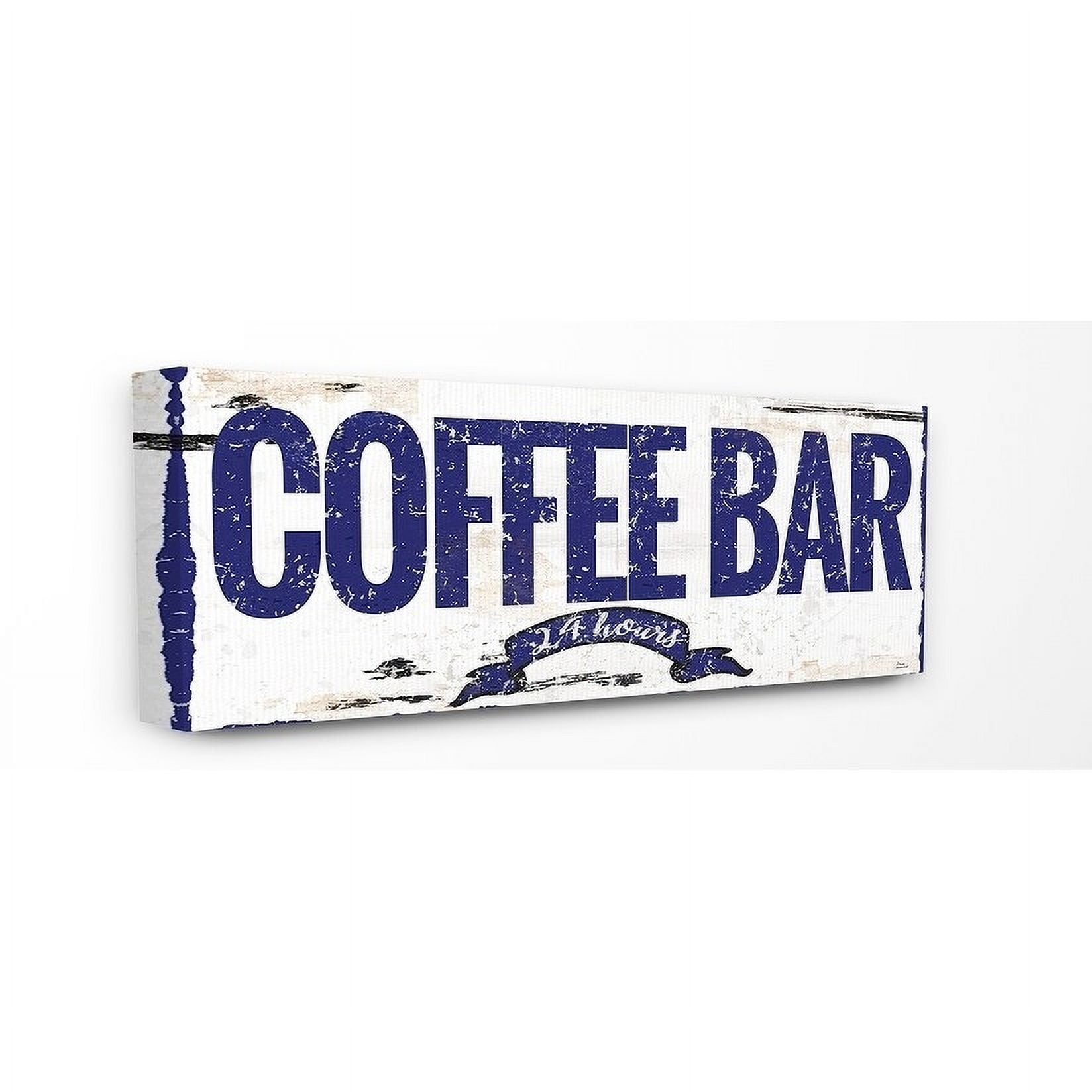 The Stupell Home Decor Collection Blue and White Rustic Coffee Bar 24 Hours Sign with Ribbon Oversized Stretched Canvas Wall Art, 13 x 1.5 x 30