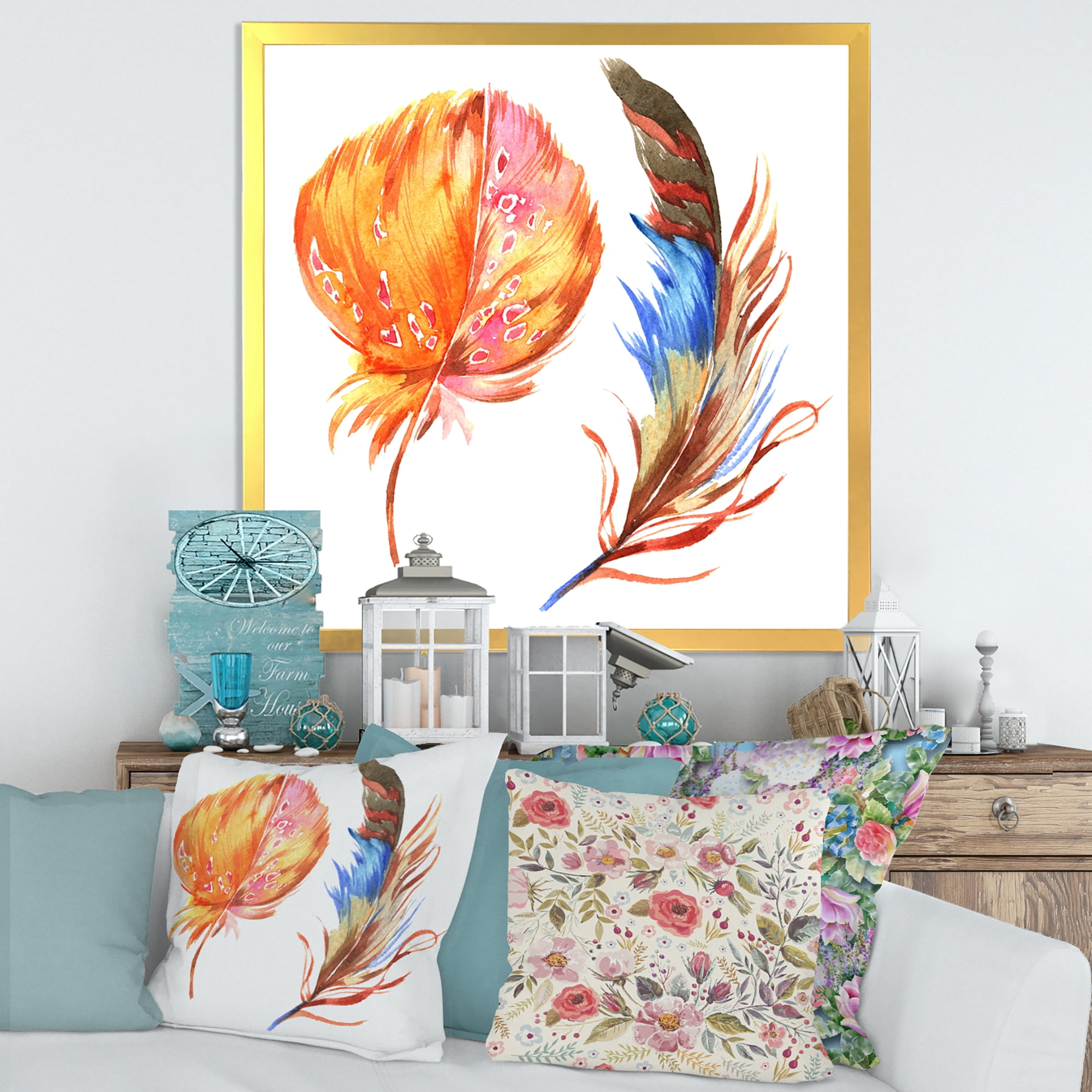 Designart 'Ethnic Brown and Colorful Feather ' Bohemian & Eclectic Framed Art Print