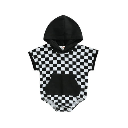 

Calsunbaby Infant Baby Girls Boys Summer Romper Short Sleeve Checkerboard Print Casual Hooded Playsuit Bodysuit Black 0-6 Months