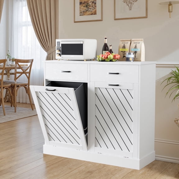 Double Tilt-Out 2x15 Gallons Hidden Garbage Trash Can Cabinet, Hidden Kitchen Trash Cabinet with Storage Drawer, Pet-Proof Wooden Garbage & Recycling Cabinet for Kitchen, Laundry & Living Room, White