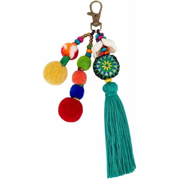 Llavero bohemio con borla verde para bolso, pompón de madera con cierre giratorio, adorno colgante para bolso de playa de verano, regalo para mujer