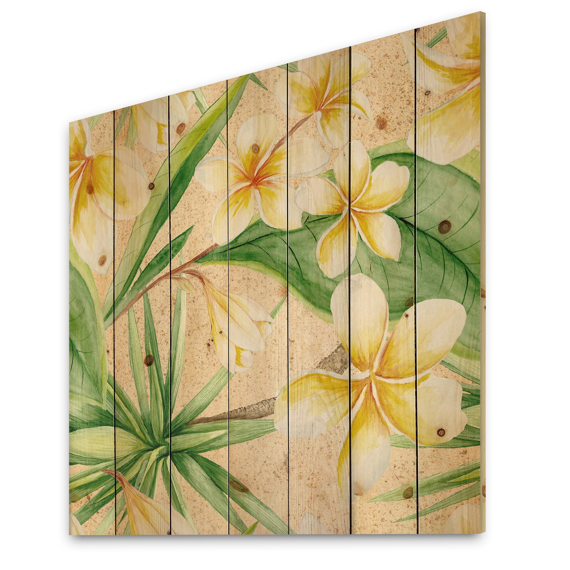 Designart 'Yellow Flowers and Tropical Foliage XI' Traditional Print on Natural Pine Wood