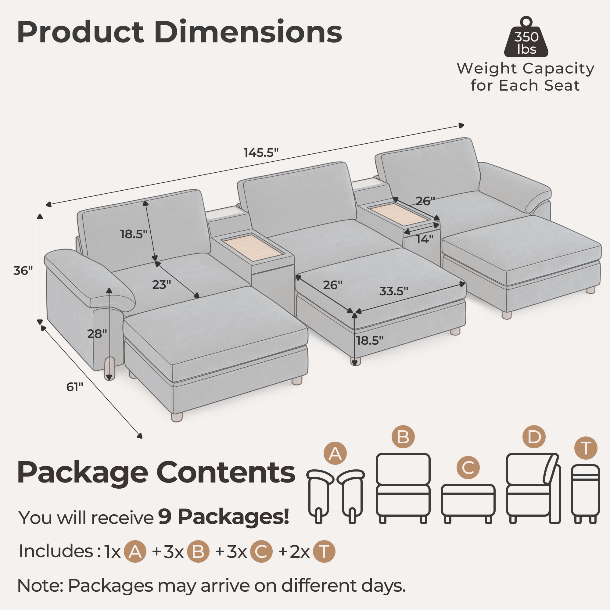 Modular Sectional Sofa with Removable Washable Covers, Oversized Deep Seat 3 Seater Sofa Bed with Versatile Console, Chenille in Navy Blue