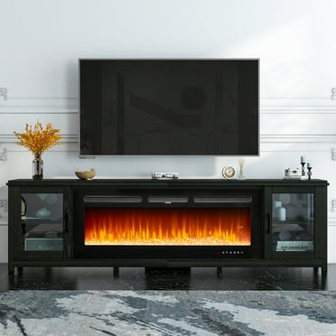 Oneinmil Fireplace TV Stand for TVs up to 90", 80" TV Stand with 50" Electric Fireplace, Entertainment Center with Glass Doors, Black