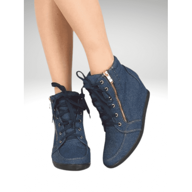 Peggy 56 Women s High Top Fashion Round Toe Lace Up Wedge Sneaker Shoes Denim Blue 8.5