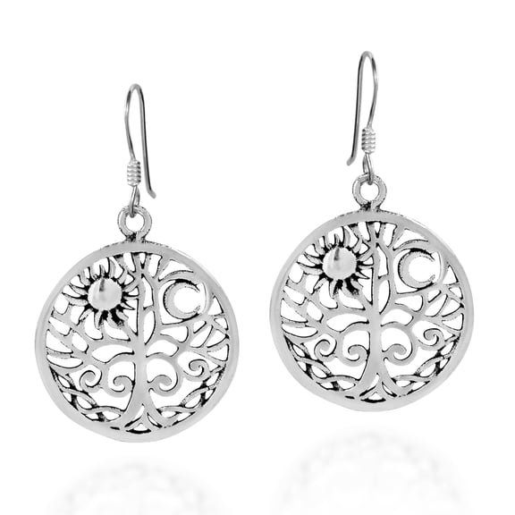 AeraVida Tree of Life Sun and Moon Round Sterling Silver Fishhook Dangle Earrings