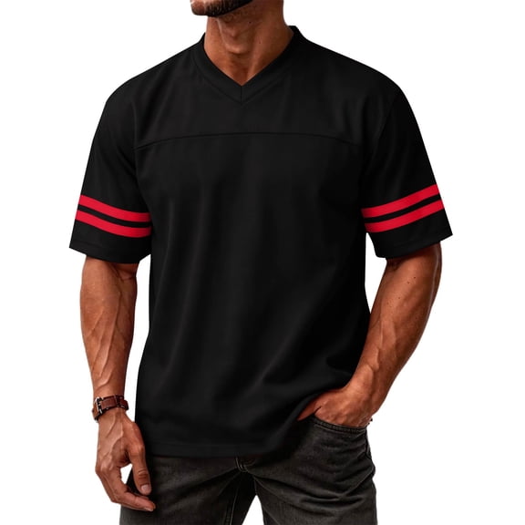 GrmtClth Men's Shirts Breathable Short Sleeve Tops Work V-Neck T-Shirt Trend Color-Block Tee Striped Black M