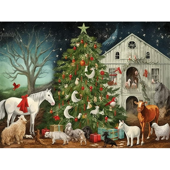 Jigsaw Puzzles For Adults 500 Pieces Christmas In The Farm Glitter Winter Tree Horse Cow Dog Cat Formation Wooden Educational Games Family Home Decoration Holidays Funny Wall Art Gift Puzzle