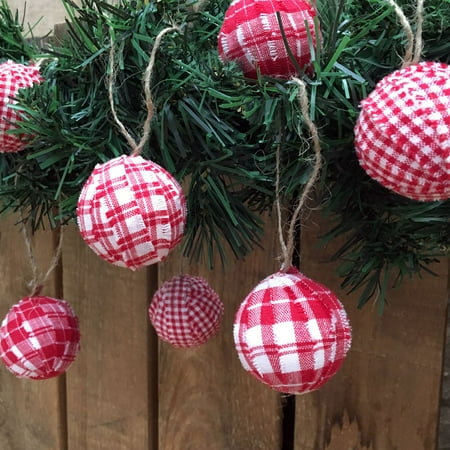 Cherry Red & White Plaid Homespun Christmas Ball Ornaments Set of 12