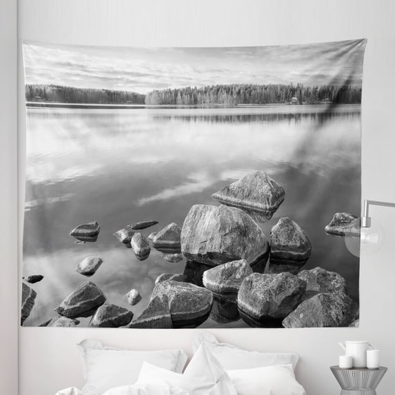 Autumn Tapestry, Rocks in Water at Shore of Lake Autumn Isolation Tranquility Environment, Fabric Wall Hanging Decor for Bedroom Living Room Dorm, 5 Sizes, Black White, by Ambesonne