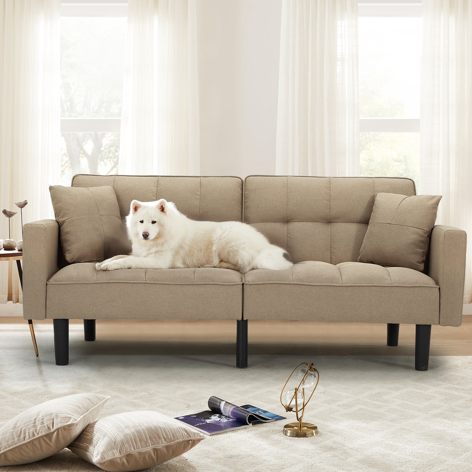 AVAWING Convertible Sofa Bed Upholstered Modern Folding Futon Sofa Bed Linen Fabric Tufted Couches with 2 Pillows, Adjustable Back and High Strength Nylon Legs for Living Room, Khaki