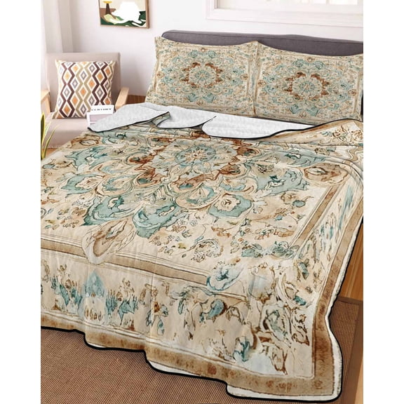 Sage Green Orange Floral Twin Size Down Alternative Comforter, Lightweight Comforter Quilt Bedding Set with Pillow Shams Boho Vintage Botanical Ethnic All Seasons Bed Comforter Duvet Insert 68"x86"