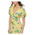 thumbnail image 3 of GUESS Womens Yellow Zippered Lined Padded Floral Pouf Sleeve V Neck Short Body Con Dress 4, 3 of 3