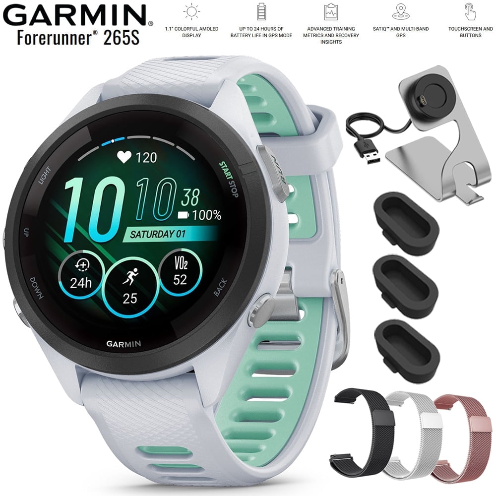 Garmin Forerunner 265S GPS Smartwatch Whitestone/Neo Tropic 010-02810-04 Bundle with Deco Essentials 18mm Metal Bands 3 Pack, Charging Dock and Silicone Dust Cover 3 Pack