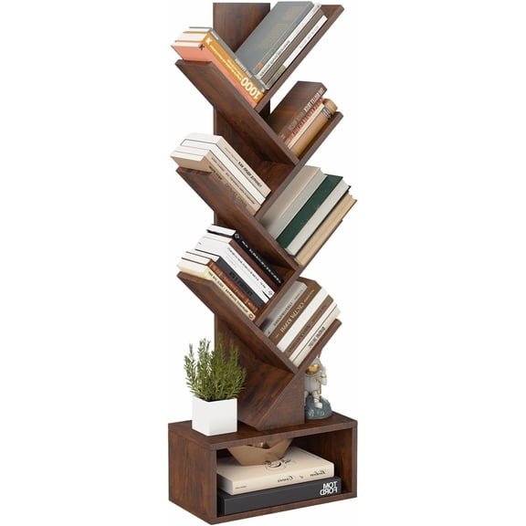 CL.HPAHKL 7 Tier Tree Bookshelf, Tall Bookcase with Storage Cabinet, Modern Wooden Book Shelf for Bedroom, Living Room, Home Office, Brown