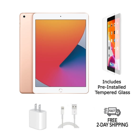 Pre-Owned Apple iPad 8th Gen A2428 (WiFi Cellular Unlocked) 128GB Gold with Pre-Installed Tempered Glass