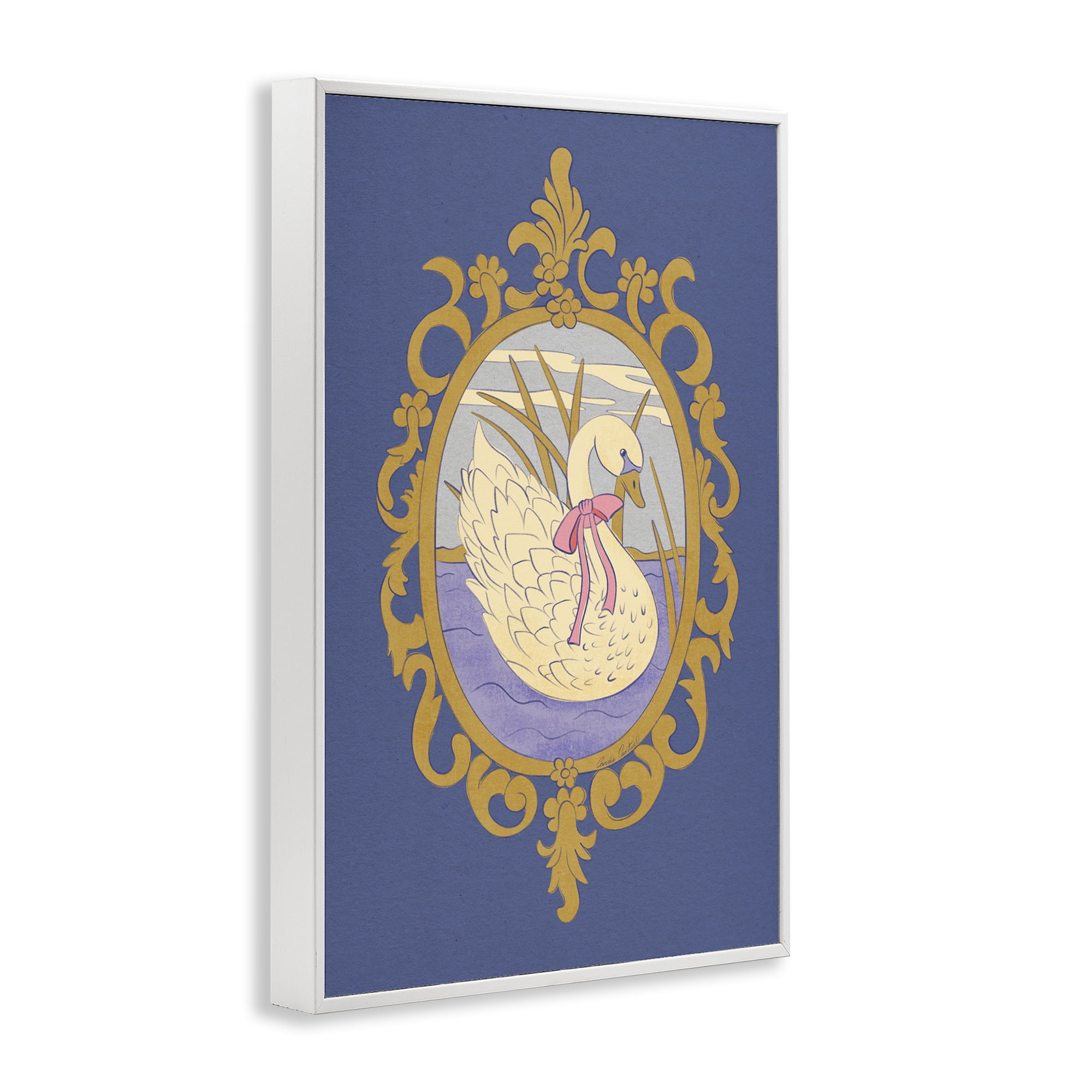 Stupell Industries Swan and Ornate Pattern White Framed Giclee Art, design by Carrie Cantwell