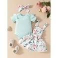 thumbnail image 2 of Bslissey Baby Girls Summer 3Pcs Outfits Frill Trim Short Sleeve Ribbed Romper + Floral Suspender Skirt + Bow Headband 0-18M Infant Toddler Cute Clothes Sets, 2 of 10