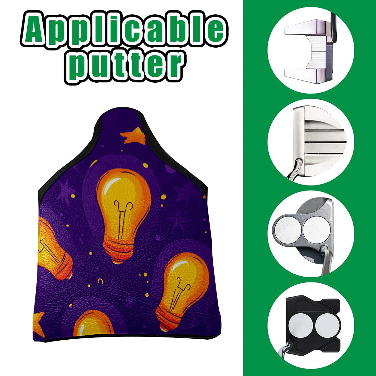 Golf Mallet Putter Cover Premium Leather Waterproof Golf Putter Head Cover with Magnetic Closure Light Bulb Pattern