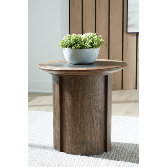 Signature Design by Ashley Dontayne Round End Table, Warm Brown with Faux Cement Top