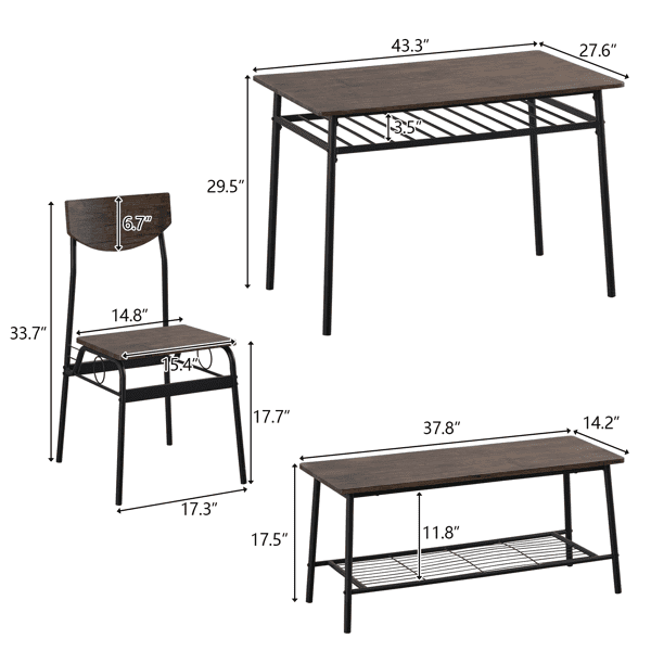 6-Piece Modern Dining Set for Home, Kitchen, Dining Room with Storage Racks, Rectangular Table, Bench, 4 Chairs, Steel Frame - Deep Elm Color