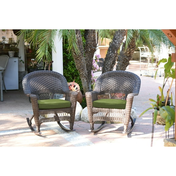 Jeco Espresso Rocker Wicker Chair with Hunter Green Cushion -  Set of 2
