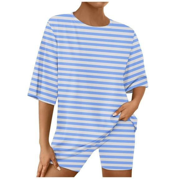 LOVZFMLL Two Piece Sets for Women Striped Basic T-Shirts and Biker Shorts Lounge Matching Sets Summer Casual Going Out Outfits Light Blue L