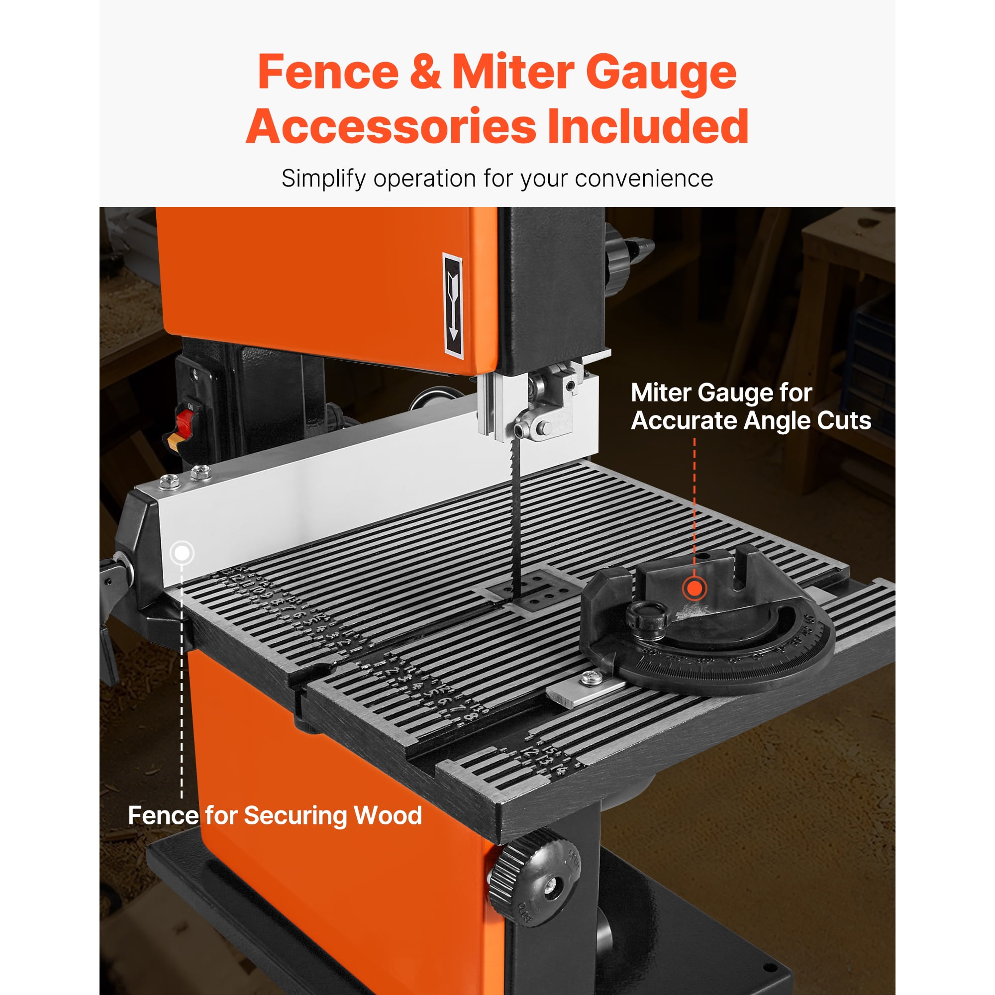 KFFKFF 9-Inch Band Saw for Woodworking, Benchtop Design with 1/2 HP Motor, 3.5-Inch Maximum Cutting Height, 11.8 x 11.8 in Durable Cast Aluminum Table, Adjustable 0-45° Tilt, Includes Miter Gauge