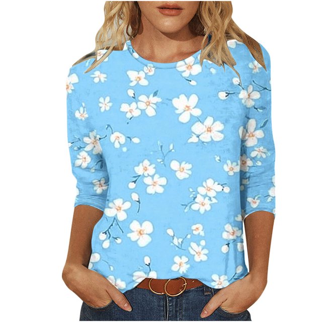Staron Hauts d'Été Mignons pour Femmes en Solde à Moins de 5$ Manches 3/4 Col Rond Blouses Élégantes Imprimé Floral Basique