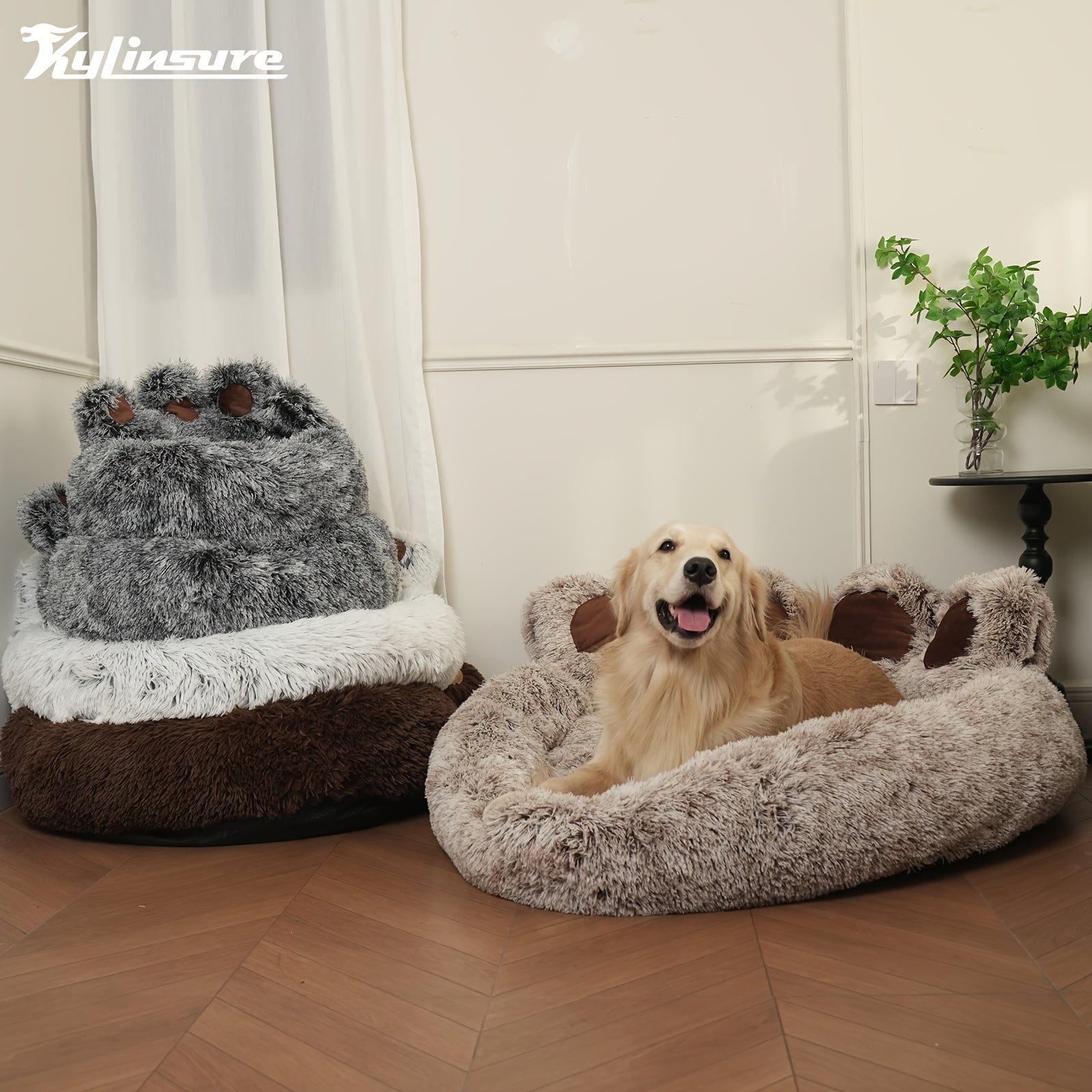 Kylinsure Paw Shape Calming Pet Bed, Plush Faux Fur Donut Bed for Dogs & Cats, Machine Washable, Non-Slip Bottom