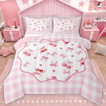Homewish Cartoon Cherry Full Size Comforter Sets,Ribbon Bow Knot Bedding Comforter Set,Pink Red White Bedding Sets For Kids,Ultra Soft Home Decor Reversible,3 Pieces