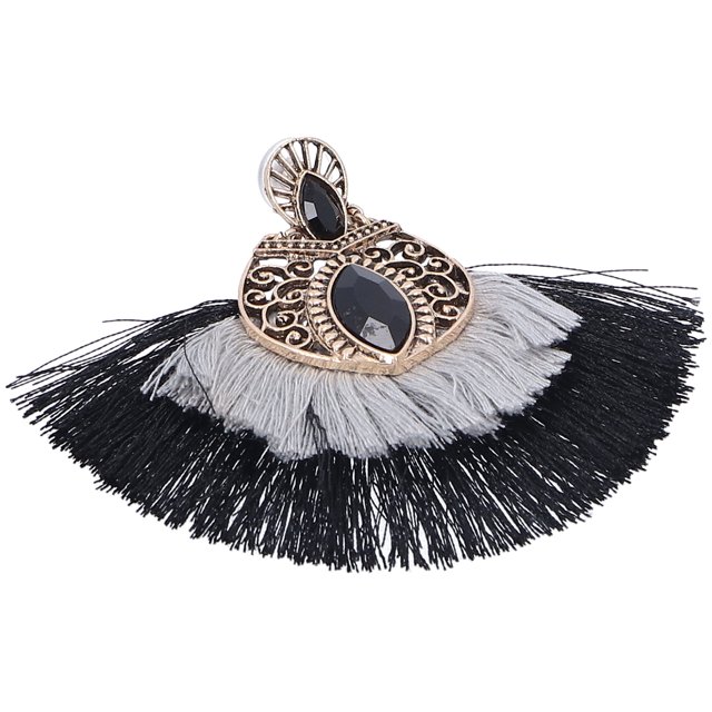 1 par de pendientes étnicos con forma de abanico y doble borla de aleación Retro para mujeres y niñas, negro y gris